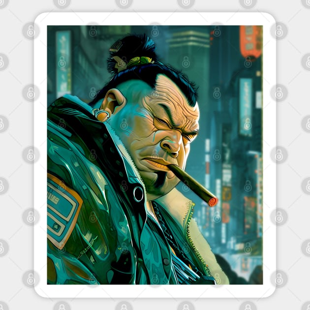 Puff Sumo 2: Smoking a Fat Cigar in a Dystopian City Scene on a Dark Background Sticker by Puff Sumo